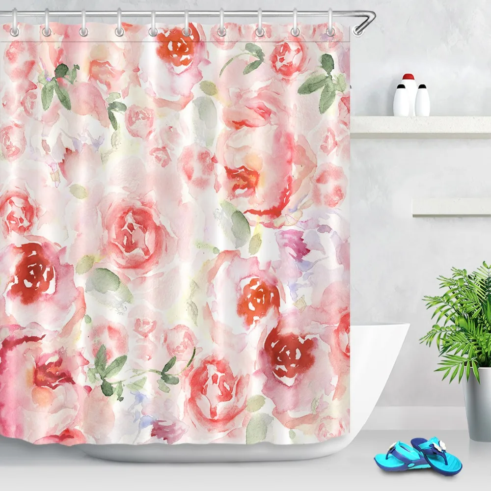 72'' Bathroom Waterproof Fabric Shower Curtain Polyester 12 Hooks Bath Accessory Sets Hand-painted Watercolor Flowers Customized