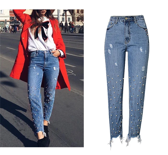 2017 fashion European and American women's high waist Slim straight pearl 3-color studs irregular feet tassel washed cowboy trousers (6)