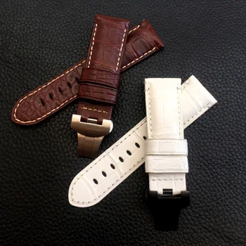 

24mm Men's Brown White Crocodile Skin Genuine Leather Watch Band Luxury Strap For PAM With Butterfly Buckle