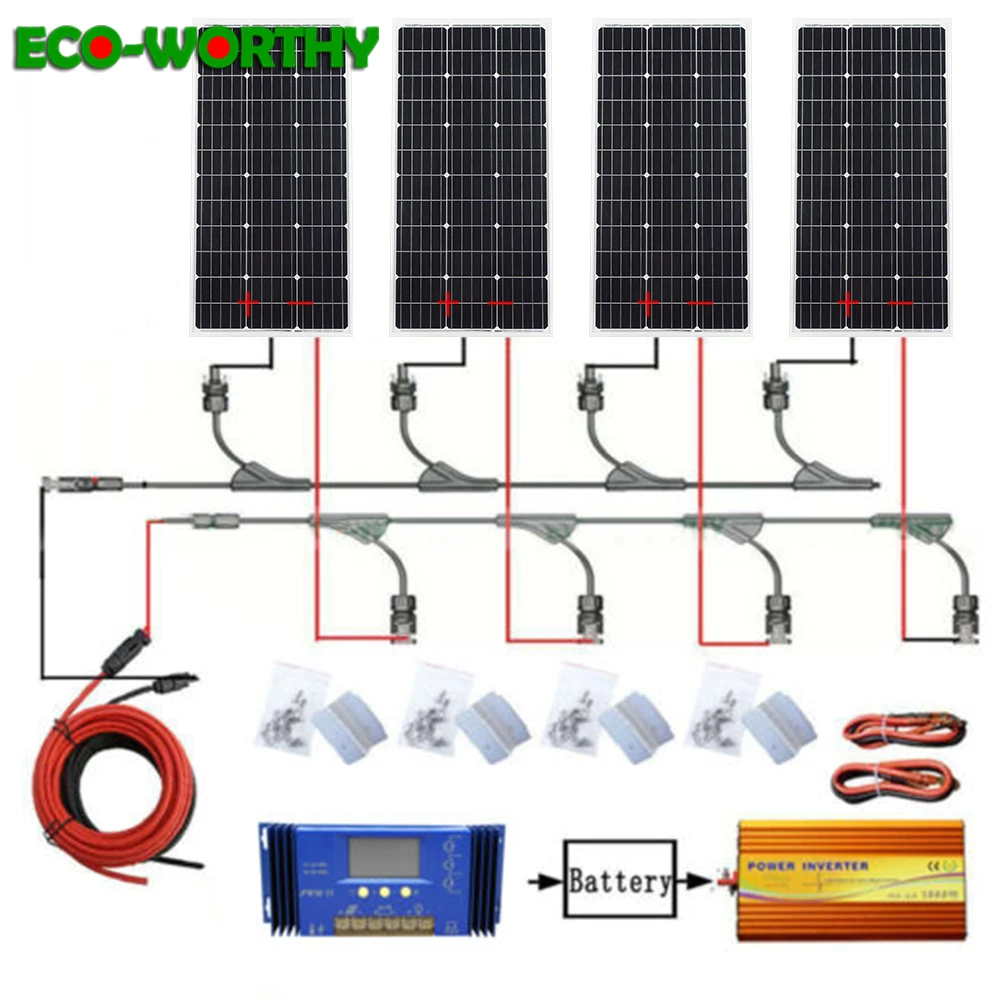 

ECOworthy 400W solar energy system: 4pcs 100W mono solar panel & 60A controller & 12V-220V 1500w inverter charge FOR 12V battery