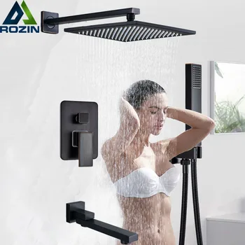 

Black Shower Mixer Faucet Brass Rainfall Shower Head Swivel Spout Bath Shower Faucet Wall Mounted Embedded Box Control Valve