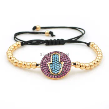 

22*17*2mm Micro Pave Mixed CZ Hamsa Hand Round Charm Connector & 4mm Round Beads Braided Macrame Bracelet Jewelry