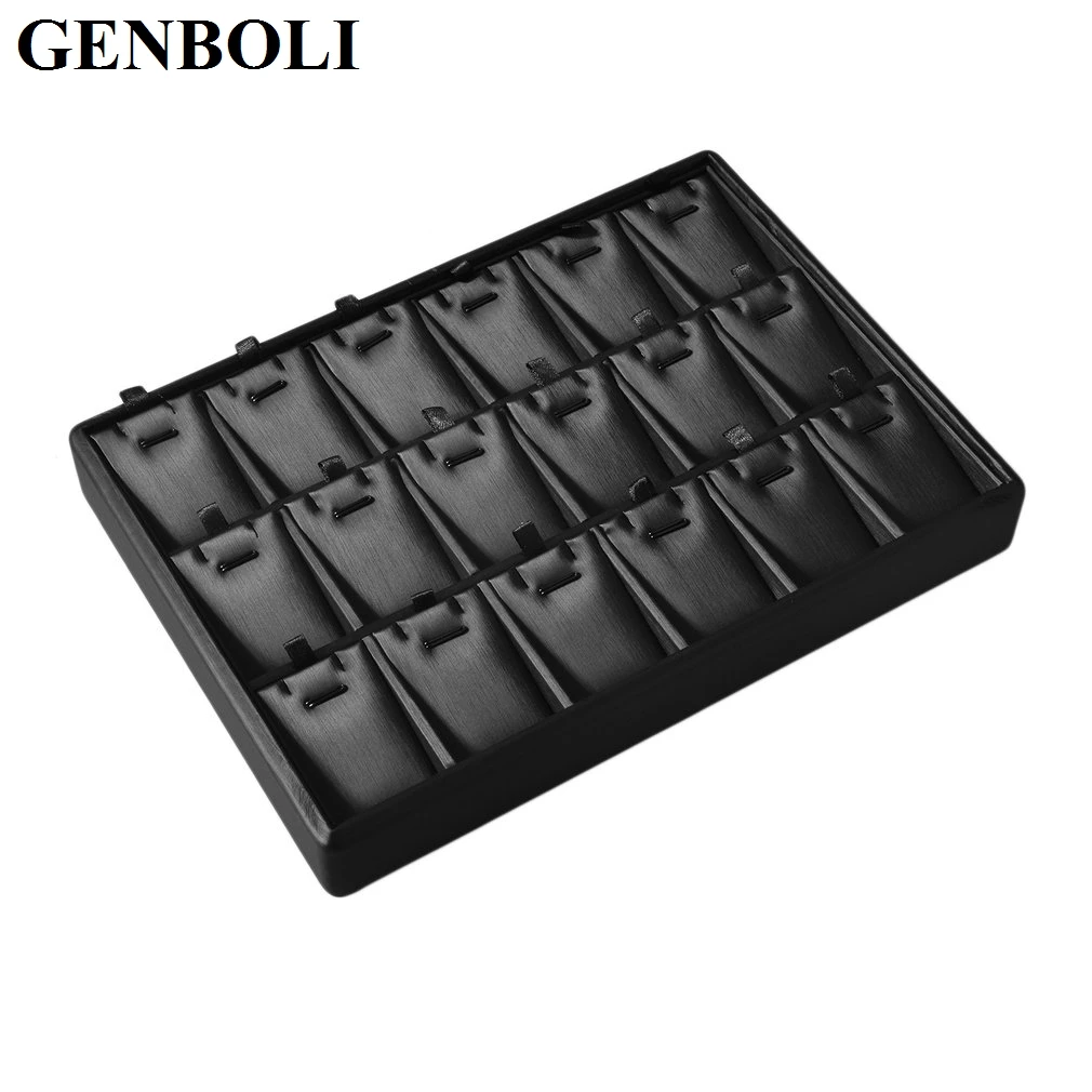 

Women Leather 18/24 Slots Jewelry Display Tray Necklace Holder Pendant Storage Box Earring Case Organizer Showcase Black 18slots