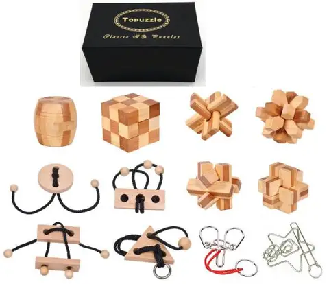 Puzzle de Madeira de Bambu Provocação de Metal Brinquedos para Adultos Caixa de Presente Loop Corda Cérebro Puzzles Jogo Crianças 12 Pçs – Set
