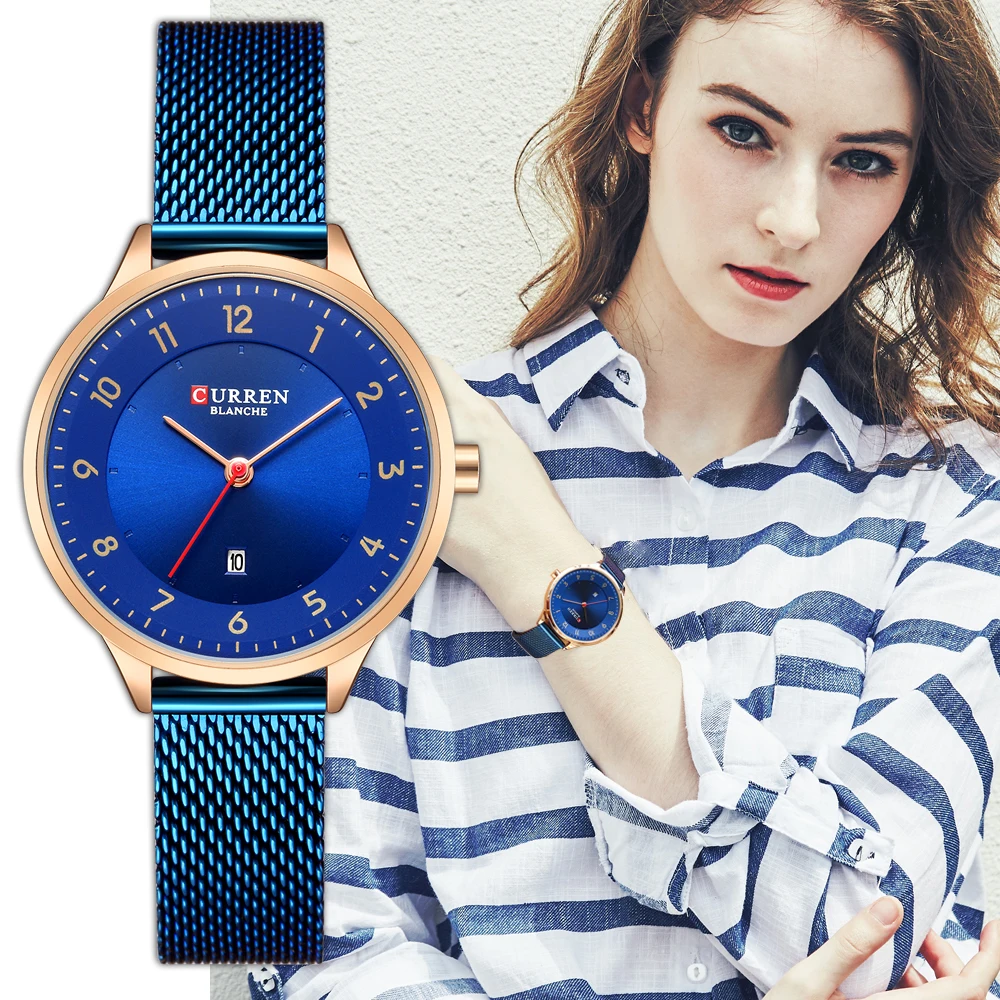 CURREN часы женские модные синие Кварцевые женские раскошный ремешок для часов повседневные водонепроницаемые наручные часы женские часы подарок для жены