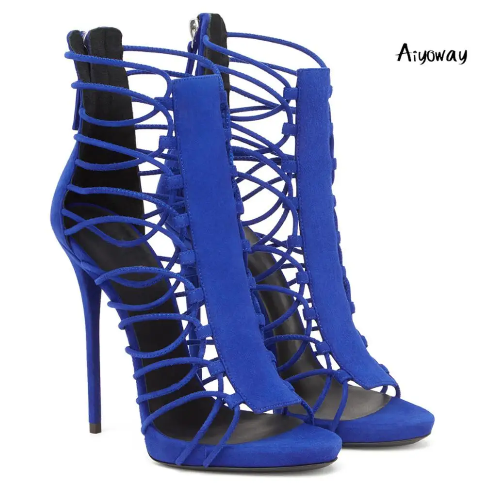 

Aiyoway 2019 Women Shoes Peep Toe High Heels Sandals Cover Heel Zipper Spring Summer Ladies Party Casual Shoes Strappy Blue Gold