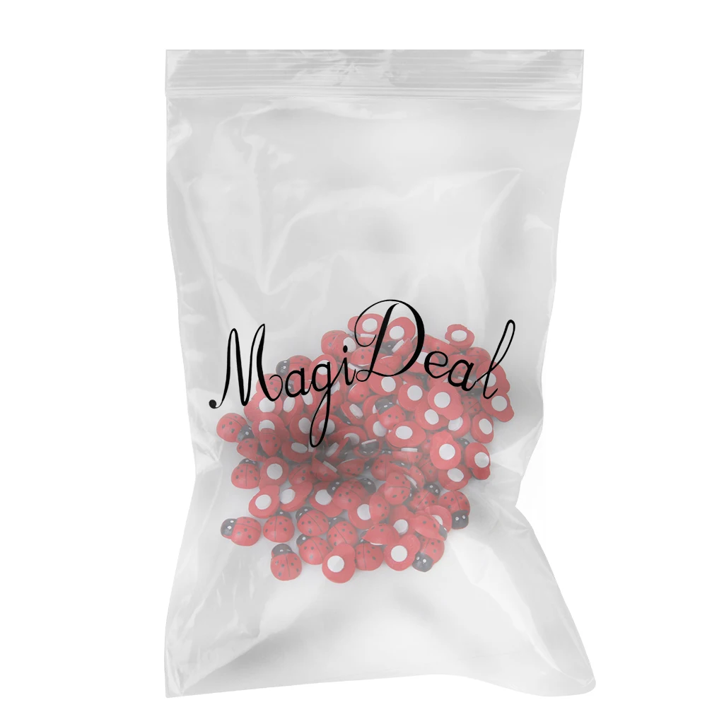 MagiDeal 100 Pcs Wooden Painted Wood Ladybug Stickers Scrapbooking double-sided adhesive in the bottom Kids Party Favor Supply 