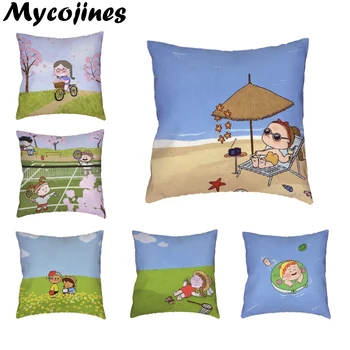 

Promotion Cartoon Character Series Pillowcase Coconut Tree Surfing Yellow Rape Flower Sofa Car Decoration Cushion Cover 45*45CM