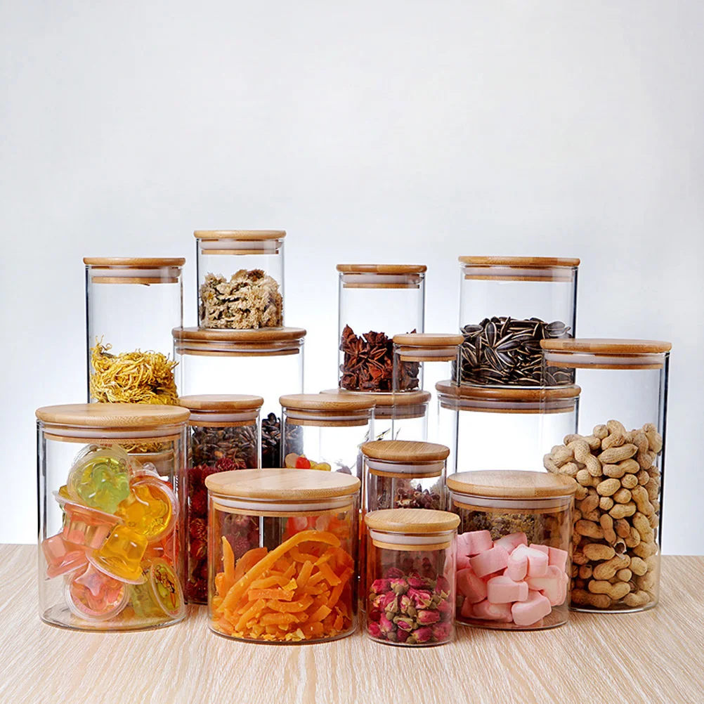 

Clear Glass Jar Sealed Canister Food Storage Container with Bamboo Lid Organizer Box for Loose Tea Coffee Bean Sugar Salt