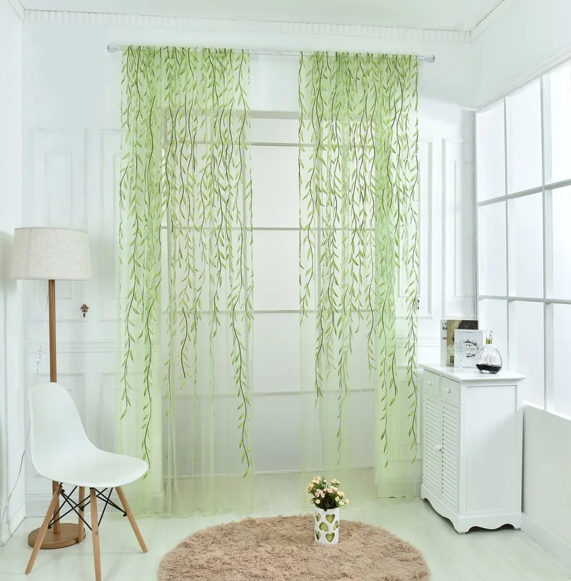 

Sweet Pastoral Style Willow leaf Tulle Curtains Blinds Voile Willow Floral Window Decorative cortinas for bedroom Living Room