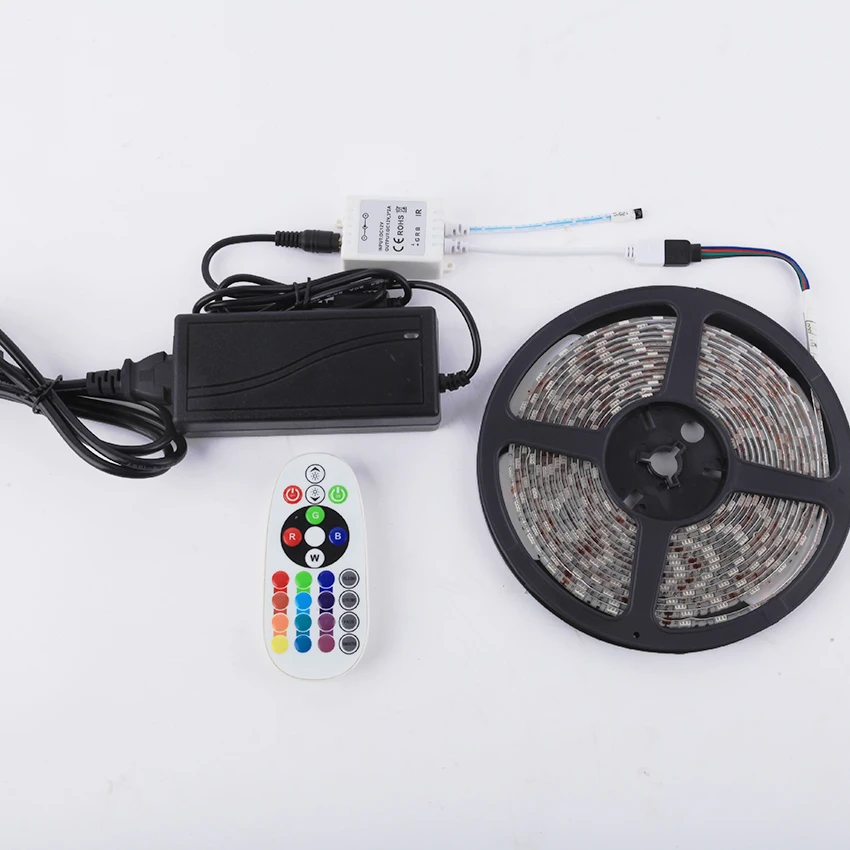 

DC12V RGB LED Strip Set SMD 5050 Waterproof LED Lamp Light 60Leds/m + 24 keys IR Remote Controller +12V 2A Power Adapter 5m/set