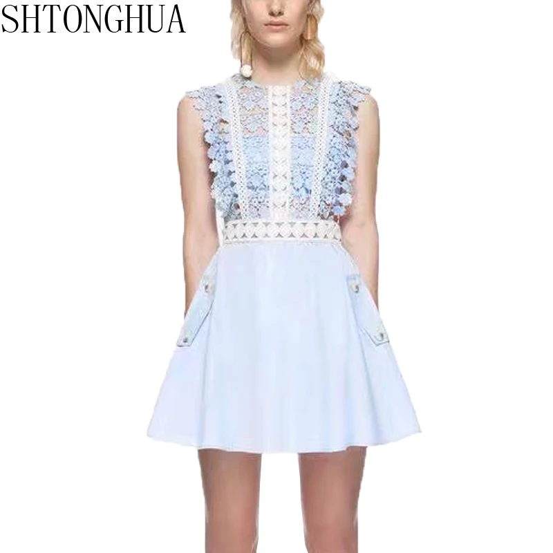 

SHTONGHUA New Self Portrait Summer Dress 2019 Runway Women Lace Patchwork Hollow Out Sleeveless Sexy Casual Holiday Party Dress