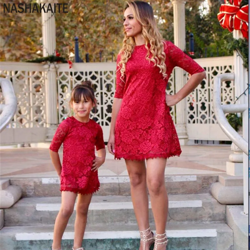 NASHAKAITE/платья для мамы и дочки модное Красное Кружевное мини-платье Vestidos mae e filha одежда для мамы и меня семейный образ