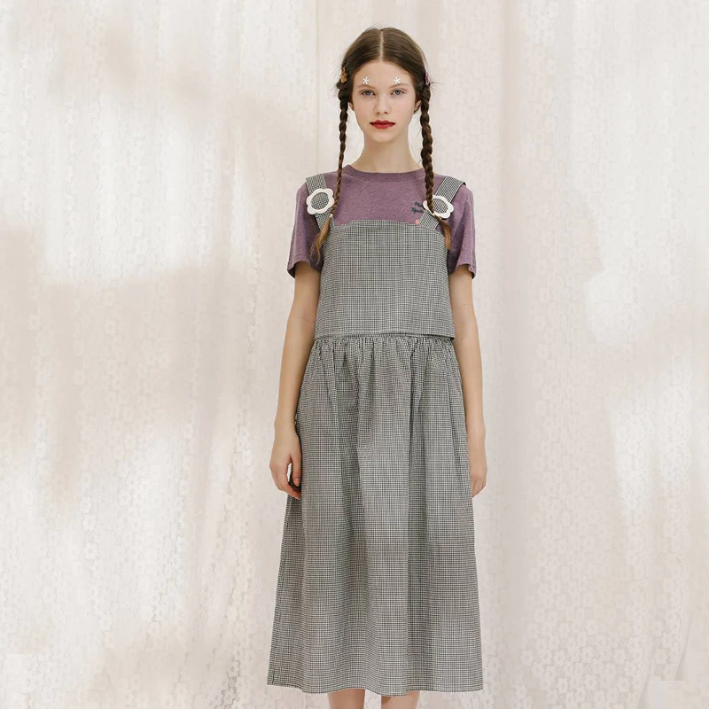

Summer Fashion Design Women Dress Cotton Sleeveless Plaid Print Loose New Dresses Button Decoration Ruffles Mid-calf Length