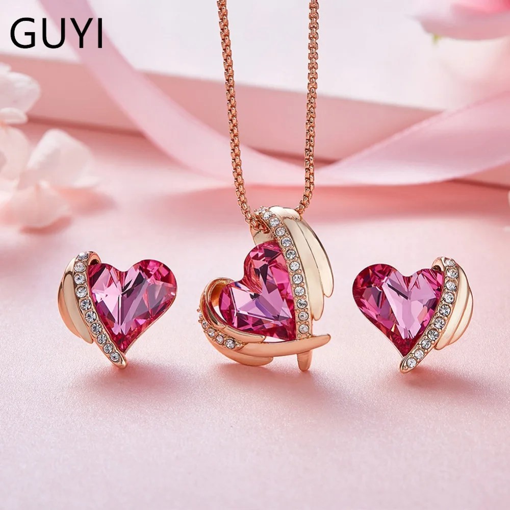 

GUYI Pink Angel Jewelry Set Women Heart Pendant Necklaces and Stud Earrings Set Crystals from Gifts for Valentine's Day