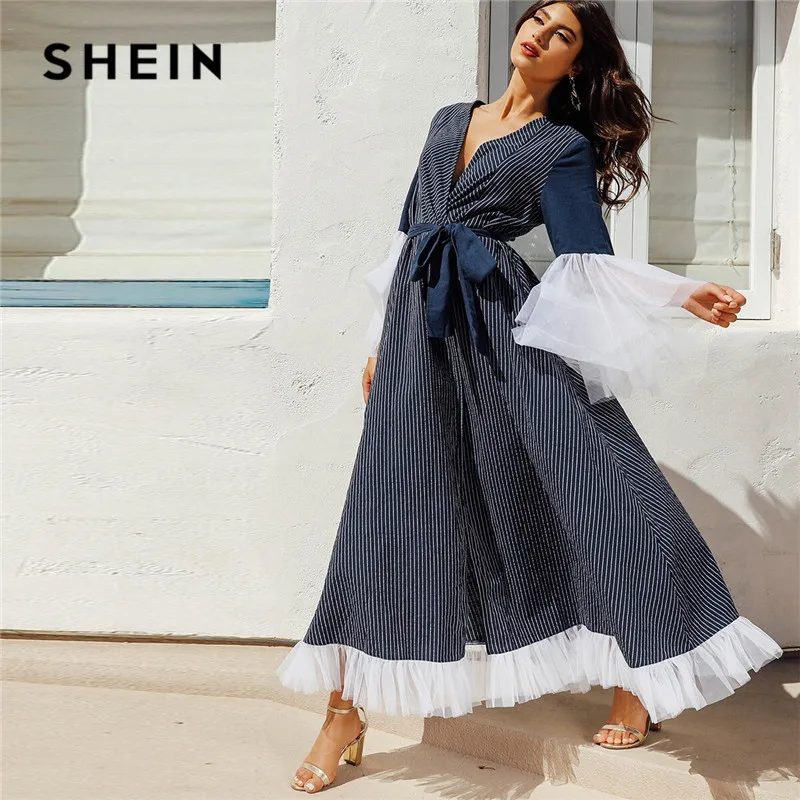 SHEIN التباين شبكة الرداء الكهنوتي الرقبة مخطط الحجاب ماكسي اللباس مع حزام البحرية كم طويل عميق الخامس الرقبة اللباس الأنيق النساء فستان طويل