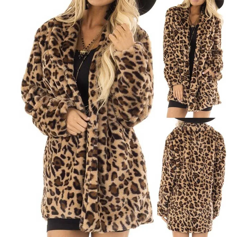 Зимнее женское длинное пальто с кроличьими ворсинами, парка с длинным рукавом, сексуальное леопардовое модное пальто с карманами, куртка, женская верхняя одежда, пальто