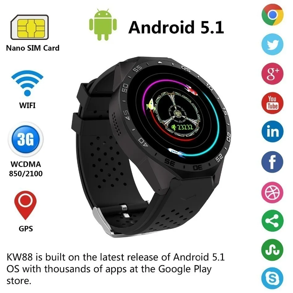 Original KW88 Smart Watch 1.39 Inch MTK6580 Quad Core 1.3GHZ Android 5.1 3G Smart Watch 400mAh 2.0 Mega Pixel Heart Rate Monitor Original KW88 Smart Watch 1.39 Inch MTK6580 Quad Core 1.3GHZ Android 5.1 3G Smart Watch 400mAh 2.0 Mega Pixel Heart Rate Monitor