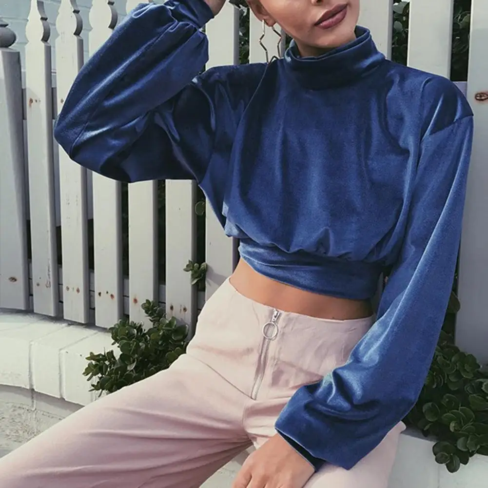 

ISHINE Women Spring Fashion Velvet Top Velour Solid Turtle Neck Sexy Crop Top Drop Shoulder Long Sleeve Casual T-shirt Partywear