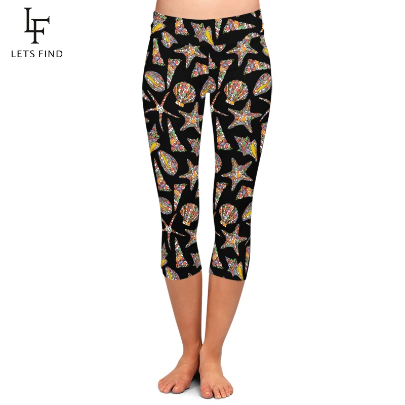 

LETSFIND 2019 New Summer Starfish and Whelks Printing Women Black Capri Leggings High Waist Plus Size Elastic Causal Leggings