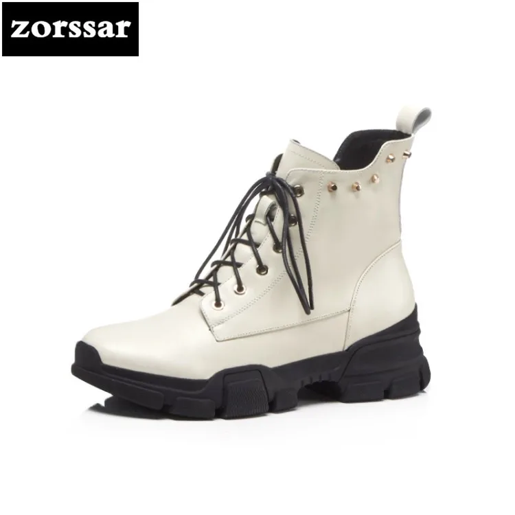 

{Zorssar} Fashion European Style Ankle Boots Flats Round Toe Lace up Martin Boots Genuine Leather Woman Shoes With Warm Plush