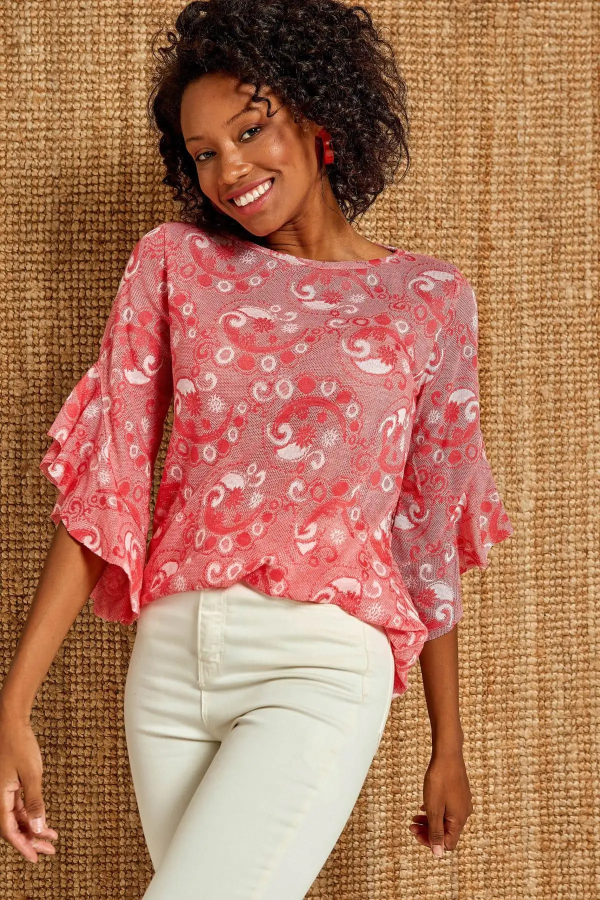 Boutiquen Women Red Jacquard Sleeve Flounces Bluz JT 1825Blouses