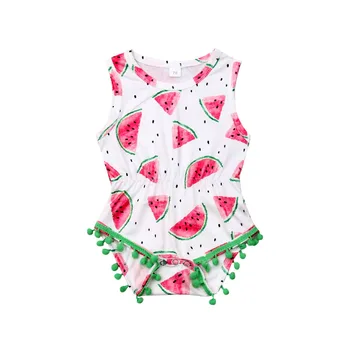 

0-24M Cute Newborn Baby Girl Sleeveless Watermelon Tassel Ball Bodysuit Jumpsuit Outfits Summer Clothes