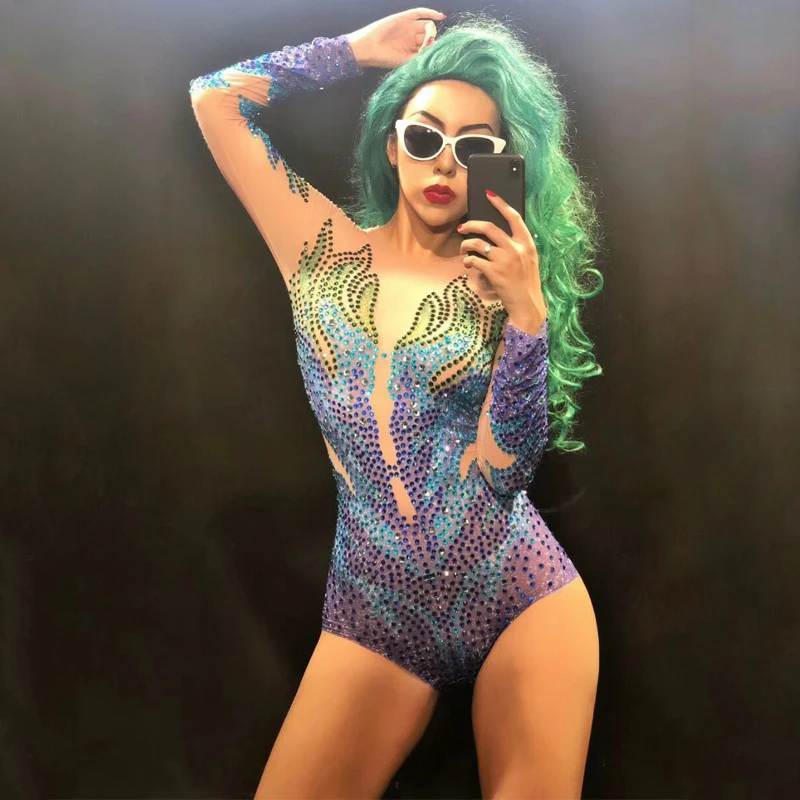 

Fashion Sparkly Rhinestones Mesh Bodysuit Women's Dance Costume Dance Show Nightclub Female Singer Wear Through Leotard DJ279