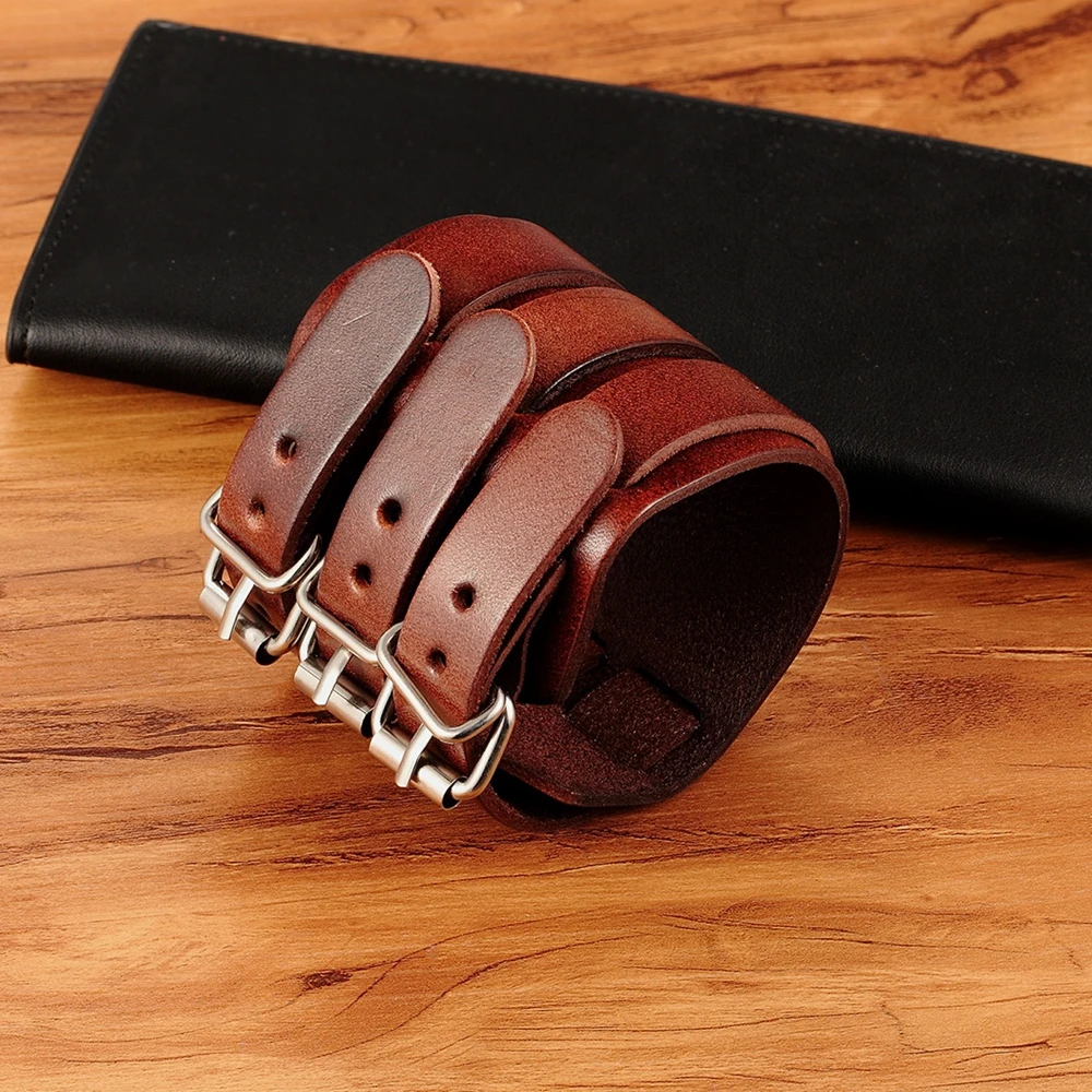 TYO Classic Men's Boys Adjustable Genuine Leather Cuff Bracelet Punk Rock Jewelry Black/Brown Three Layers Watch Bangles - Image 3