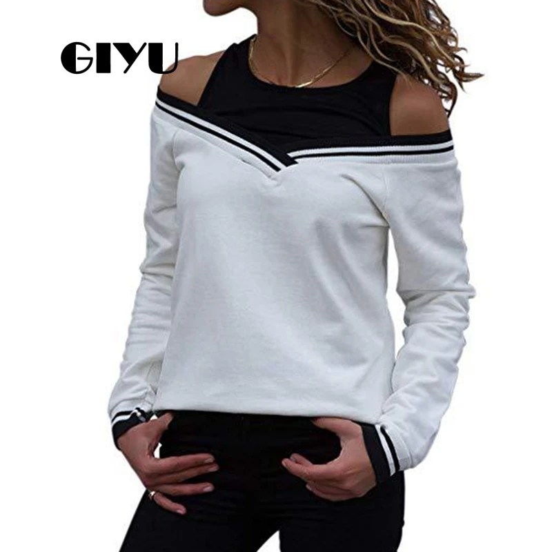 

GIYU Striped Cold Shoulder T Shirt Women Long Sleeve Tee Casual Basic Patchwork Female camiseta mujer