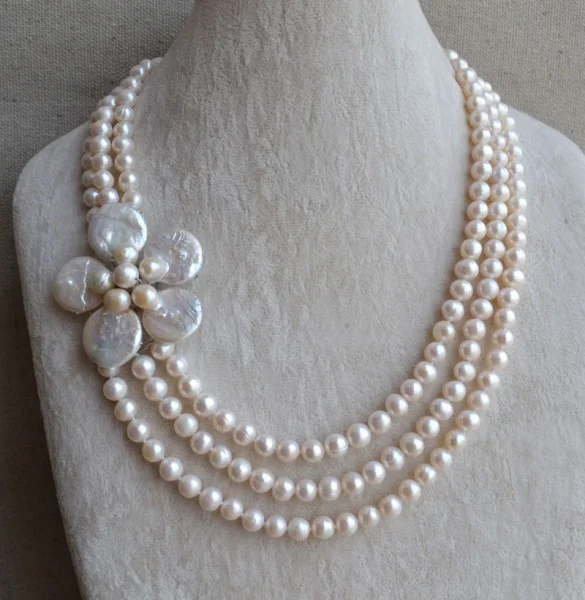 

2017 Collier Maxi Necklace Wedding Flower Necklace Triple - Row 19-21.5 Inches 7-8mm Ivory Pearl Coin Freshwater Free Shipping