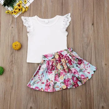 

Pudcoco Summer Newborn Baby Girl Clothes Lace Fly Sleeve Tops Flower Print Mini Skirt 2Pcs Outfits Clothes Summer