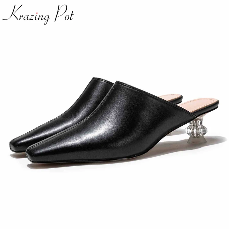 

Krazing Pot new shoes woman fashion crystal heels med heels sheep leather women pumps slip on square toe wedding party mules L36