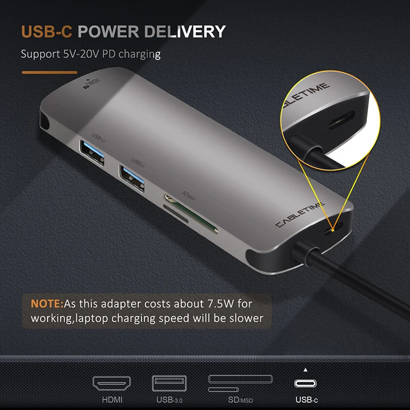  CABLETIME USB C HUB HDMI 4K Type C to USB 3.0 TF Micro SD Card Reader 6 in 1 USB-C Charge For Mateb