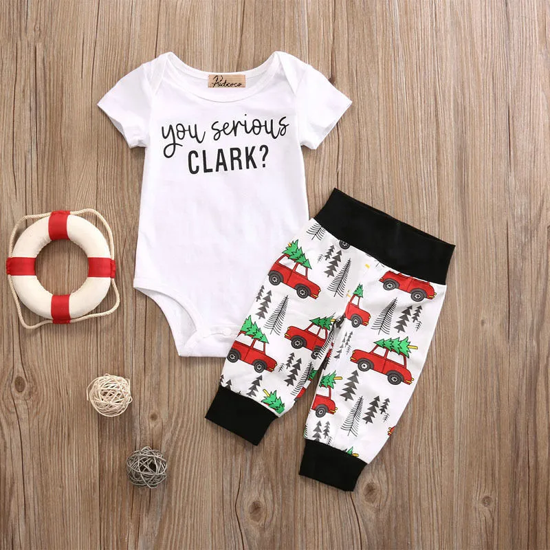 

Infant Baby Boy Girl 2pcs Clothes Set Kids Short Sleeve You Serious Clark Letters Romper Tops Car Print Pants 2PCS Outfit Set