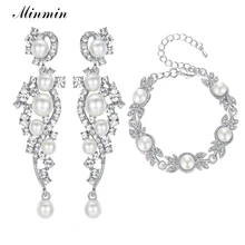 Minmin, искусственный жемчуг, Свадебные Ювелирные наборы, серебряный браслет с кристаллами, серьги, наборы,, свадебные ювелирные аксессуары, MEH777+ MSL197