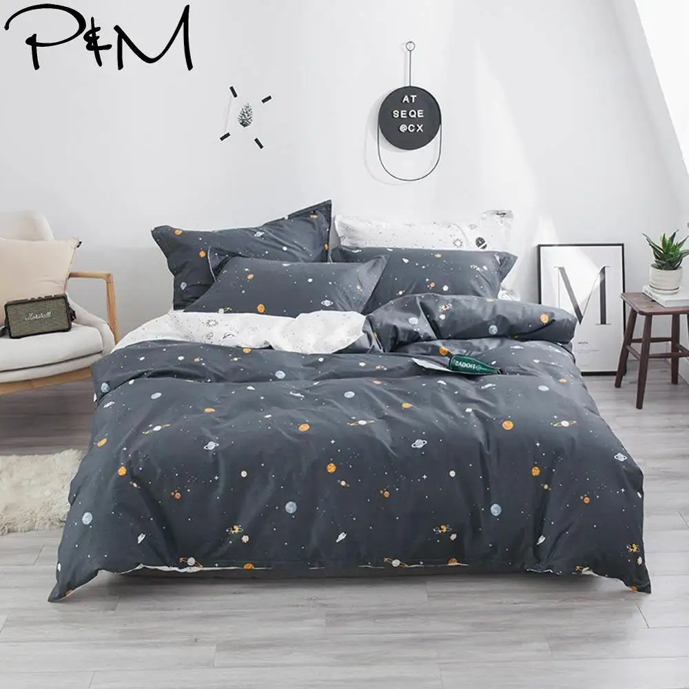 

2019 Dark Grey Space Stars Duvet Cover Set Twin Queen King Size Cotton Bedding Set Flat Sheet Bedlinens Bed Cover