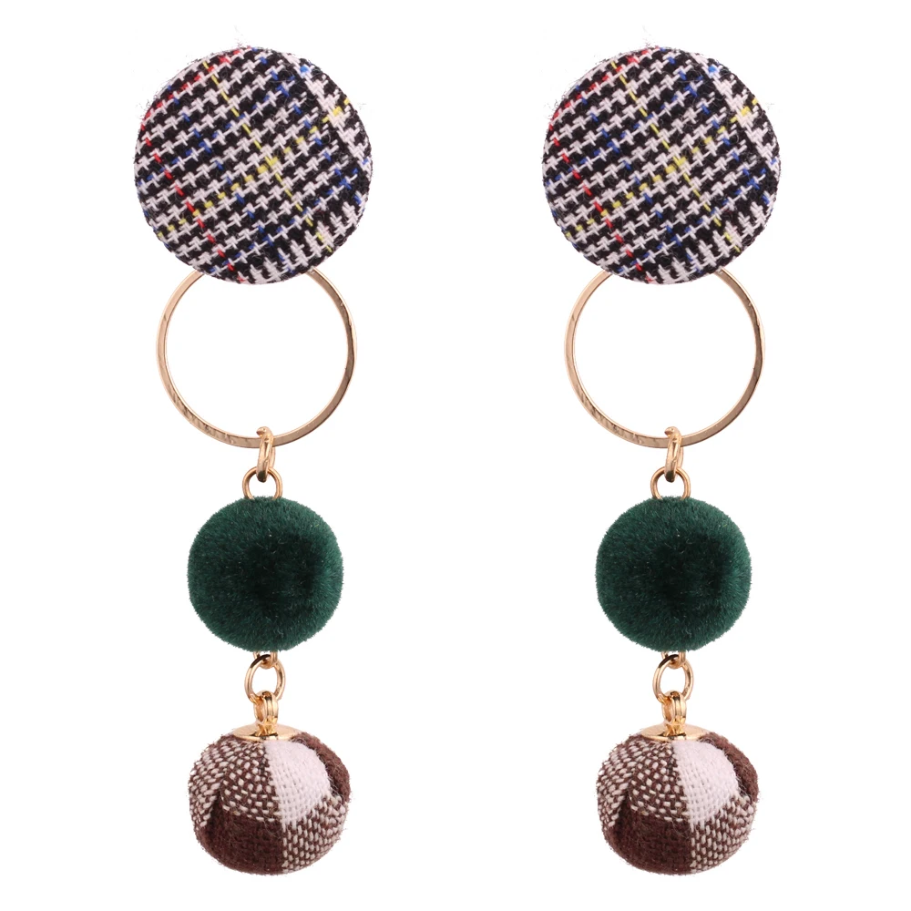 Cloth Button & Velvet Ball Women Earrings Drop Dangling Long Earrings