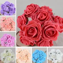 50 teile/paket Farbecht Schaum Rosen Künstliche Blume Hochzeit Braut Bouquet Party Decor DIY Blume Y1