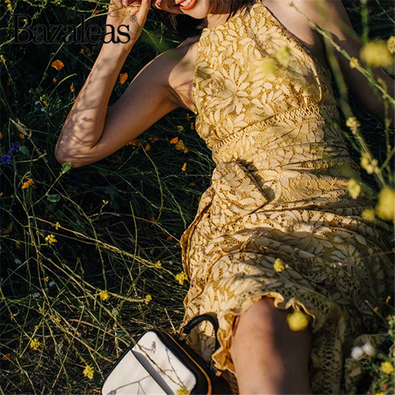 

Bazaleas Vintage Spaghetti straps Midi Dress Retro Yellow Lace Hollow Out vestidos Fashion Sashes summer Dress drop ship
