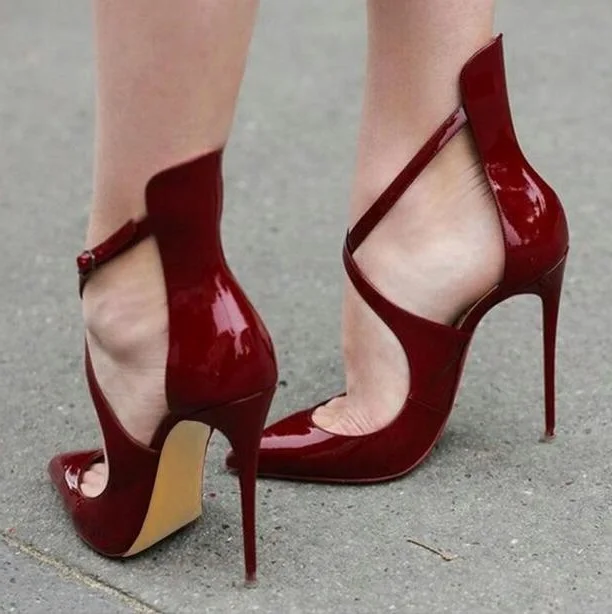 

Big Size 13 Wine Red Patent Leather Pointed Toe Pumps For Women Stiletto Heels Cross Strap Banque Shoes Sexy Shallow Dress Shoes
