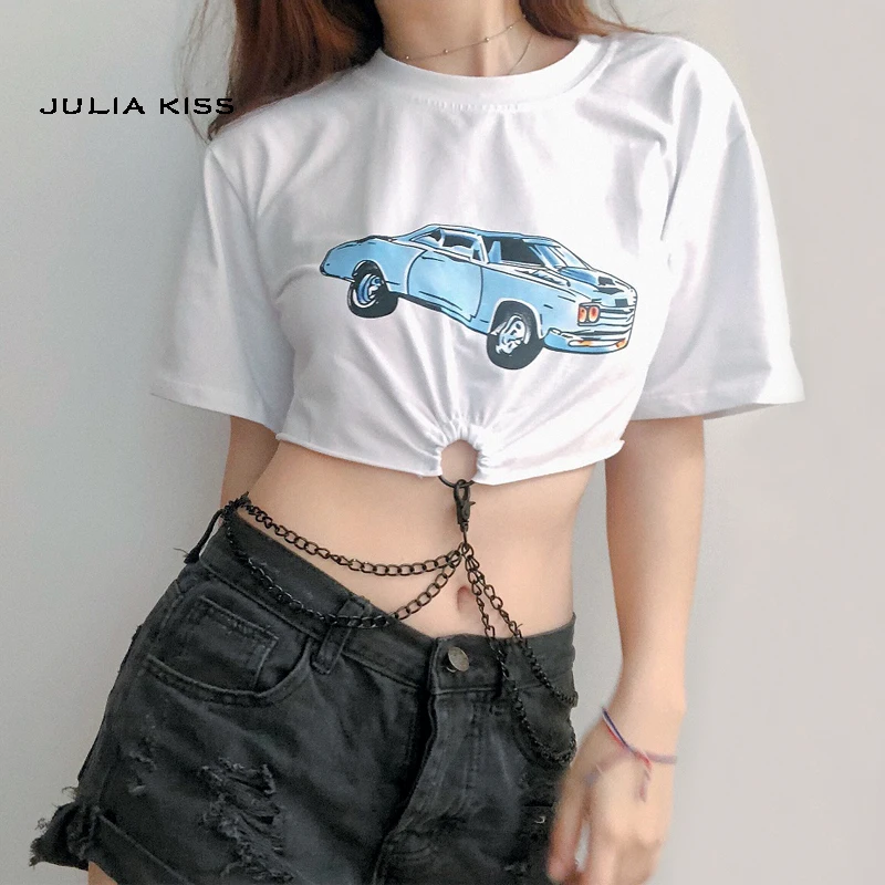 

Women Car Print Crop Tee with Chain Detail