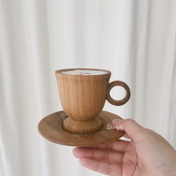 

Tableware retro solid wood teak handmade nature health coffee cup set milk tea cup saucer pendulum props