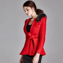 2016 Winter coat women casaco feminino short woolen coat blue black red V-Neck real Fox fur decorate slim manteau Christmas coat
