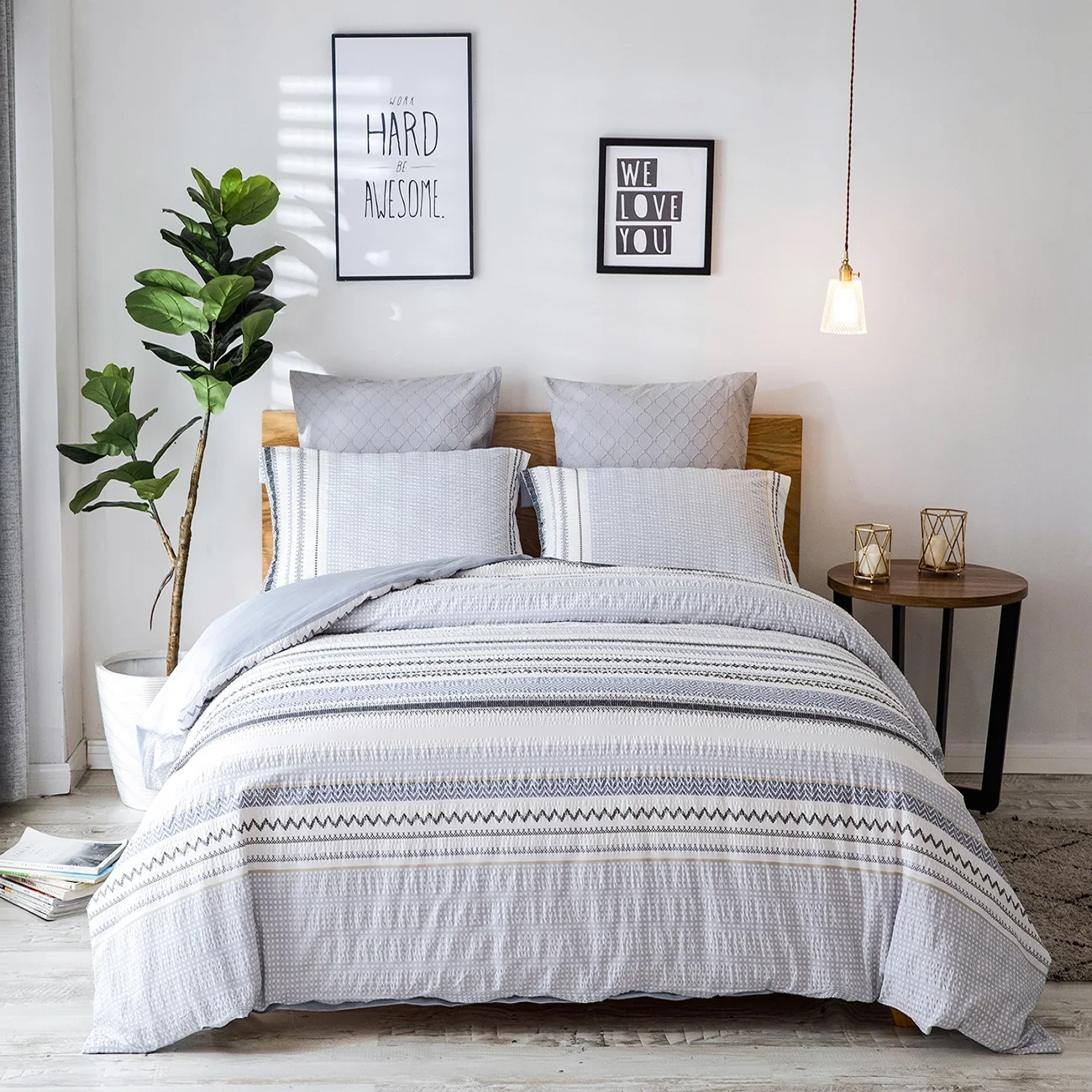 

PHF Printed Seersucker Duvet Cover Set Jacquard Cotton Feather 3 Pcs Queen King Size With Corner Ties Blue Orange Bedding Set