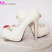2016 Wedding Shoes White Lace With Pearl Beautiful Butterfly Middl Heel 5cm 8cm Party Prom Pumps Plus Size 43 Bridesmaid Shoes