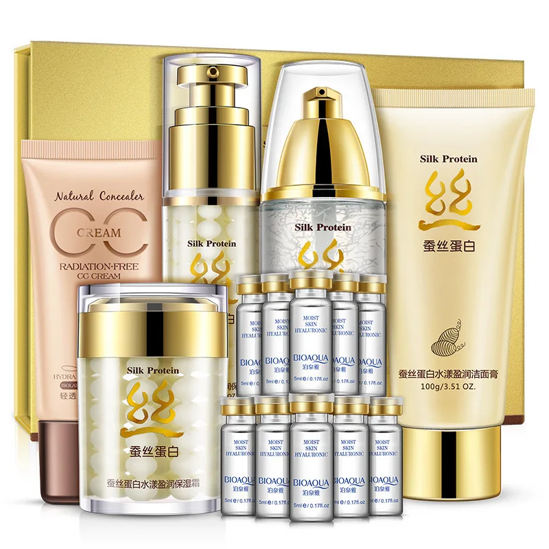 BIOAQUA Silk Protein Moisturizing & Brightening Set Skin Care Nourishing Cleanser,Toner, Lotion, Cream, CC Cream, Essence