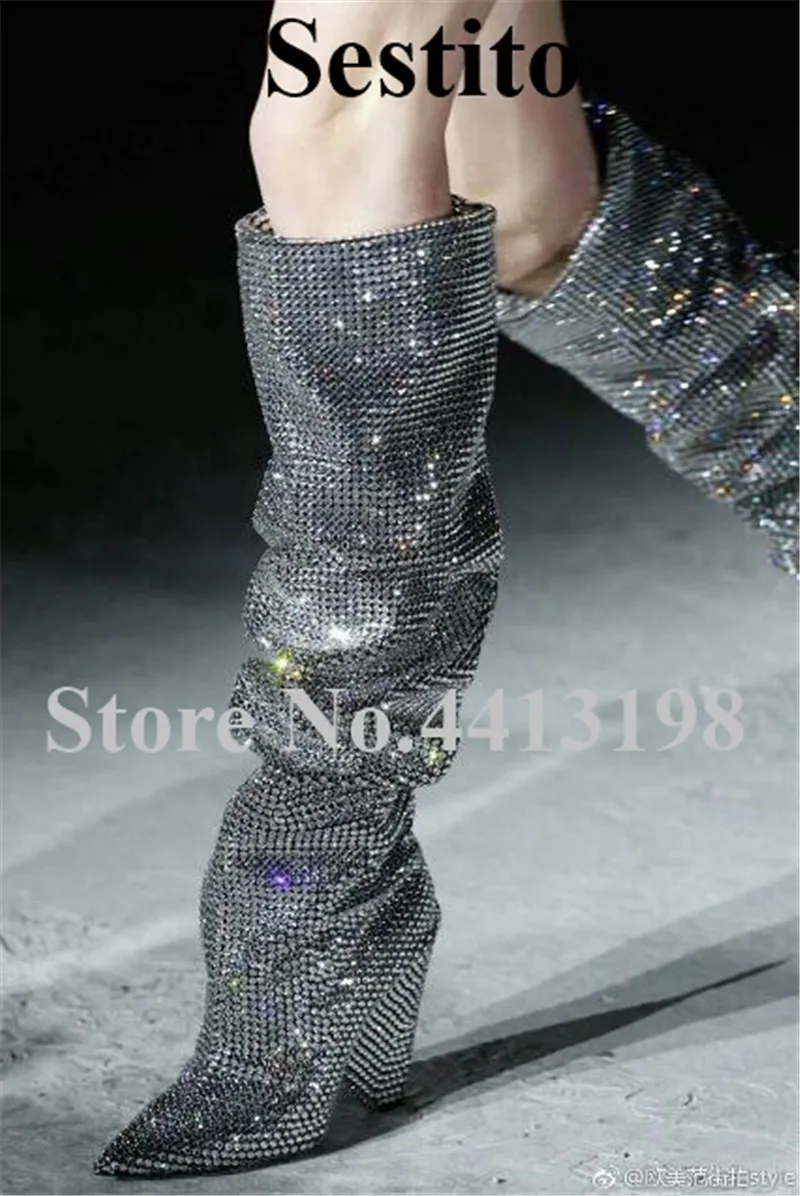 

2019 New Fashion Silver Bling Boots Pointed Toe Spike Heel Boots For Women Knee-High Fold Boots Slip-On Casual Women Shoes