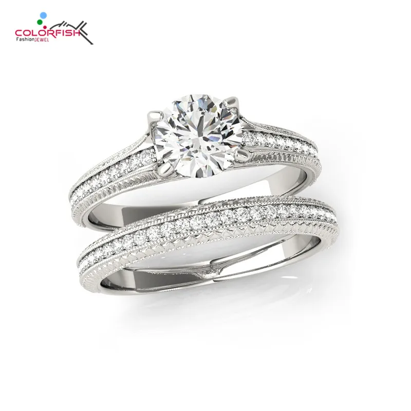 

COLORFISH Jewelry Vintage Style 0.6 Carat Round Cut Solitaire Sterling 925 Silver 2-Pc Wedding Engagement Ring Bridal Sets
