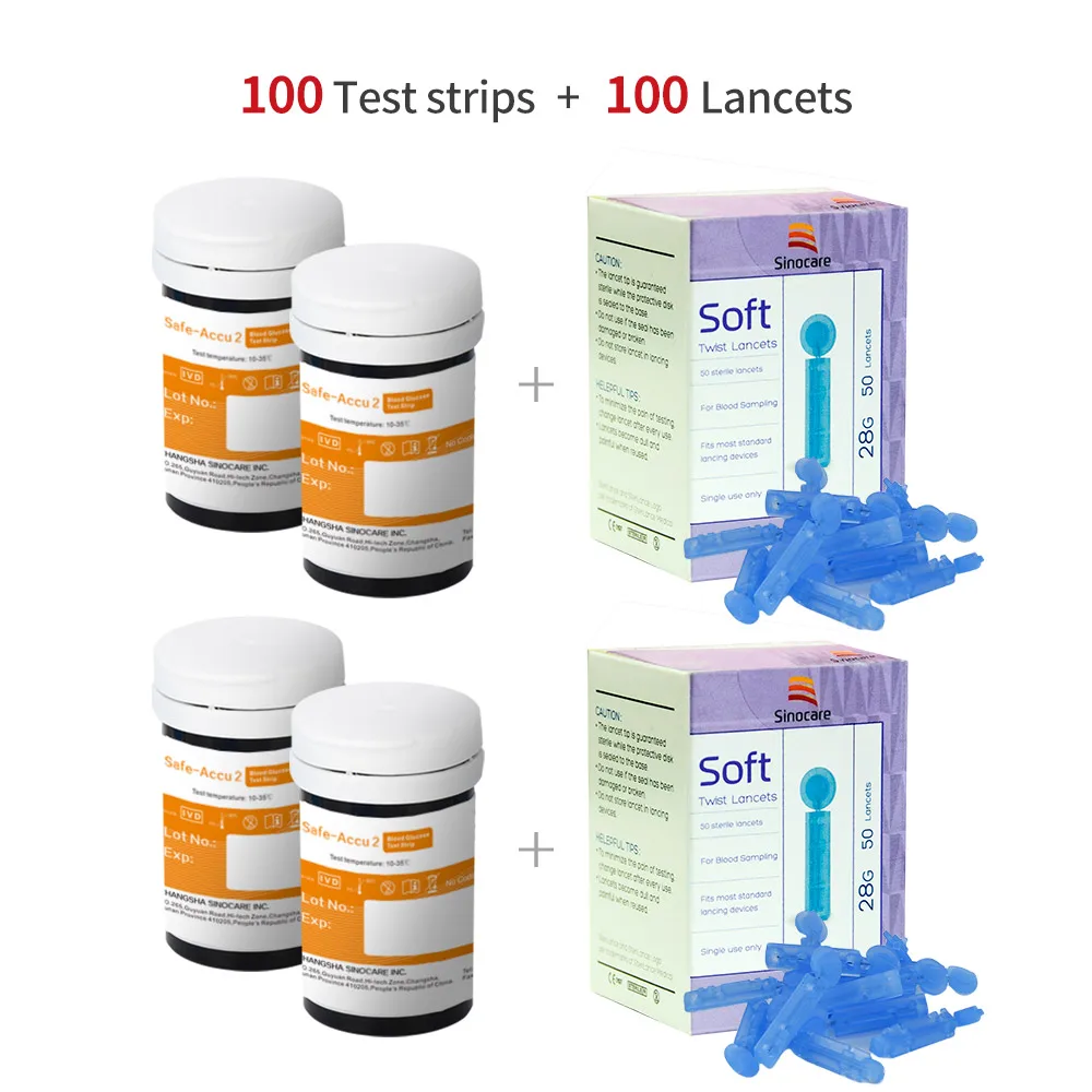 Sinocare Safe-Accu2 mg/dL mmol/L измеритель уровня глюкозы в крови тест er Kit глюкометр с тестовыми полосками скарификатор; сахар в крови монитор - Цвет: 100 test strips